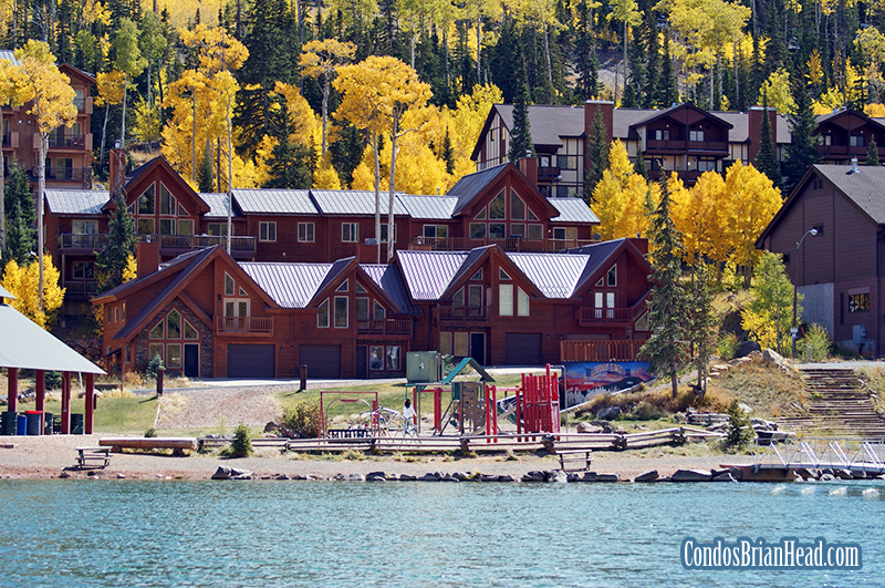 The Parkside Townhomes in Brian Head, Utah, with Bristlecone Pond in the foreground. We took this photo in fall of 2019.